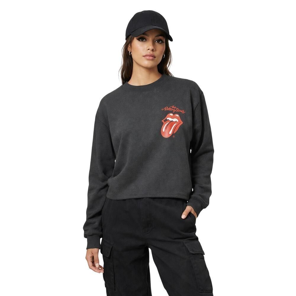 THE ROLLING STONES Women's Cropped Raw Hem Graphic Sweatshirt Black Size Small